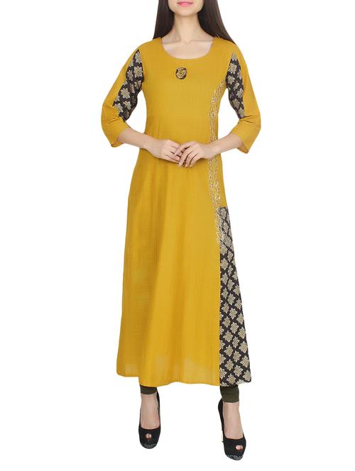 mustard cotton a-line kurta - 14129868 - Standard Image - 1