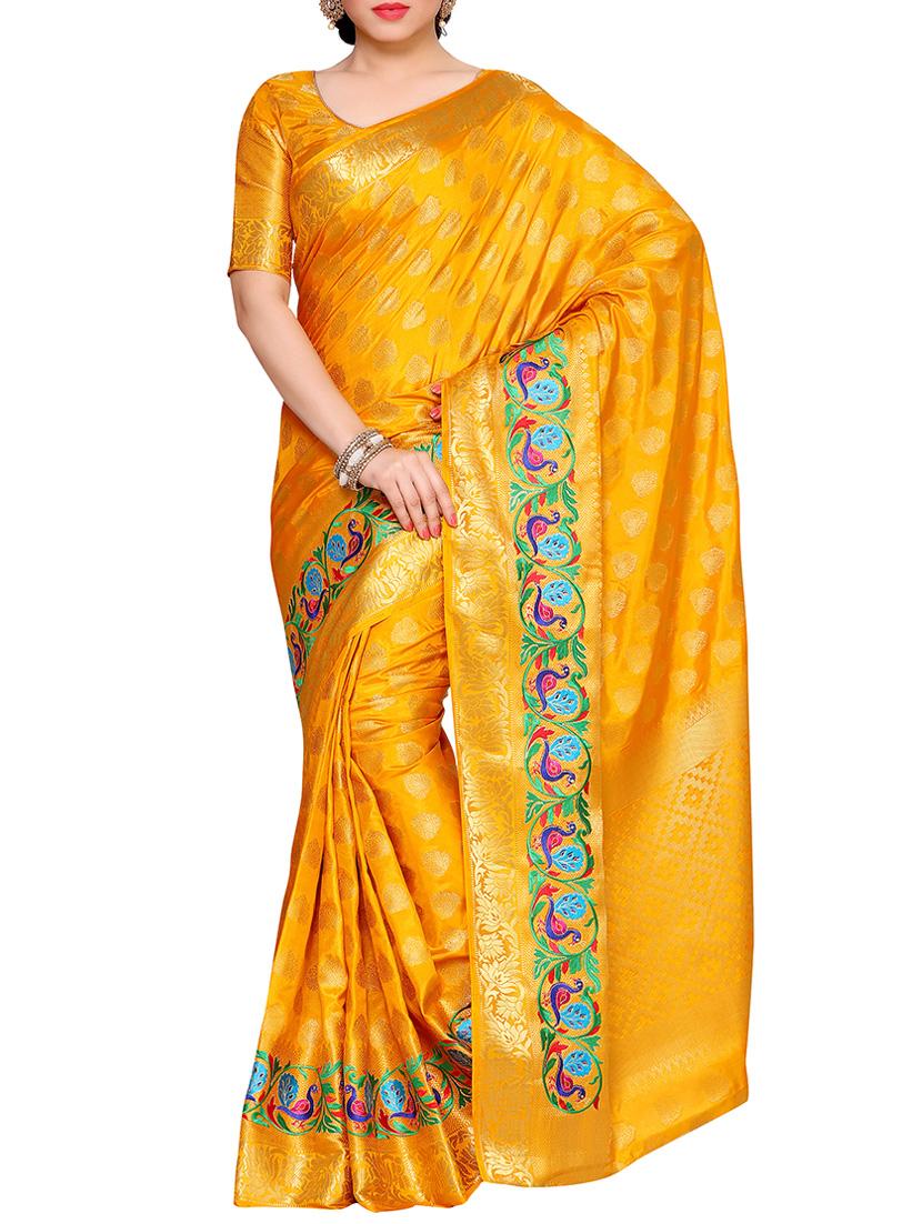 yellow art silk kanjivaram saree with blouse - 14132796 - Zoom Image - 1