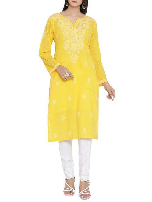 ada yellow cotton chikankari kurta - 14136036 - Standard Image - 1