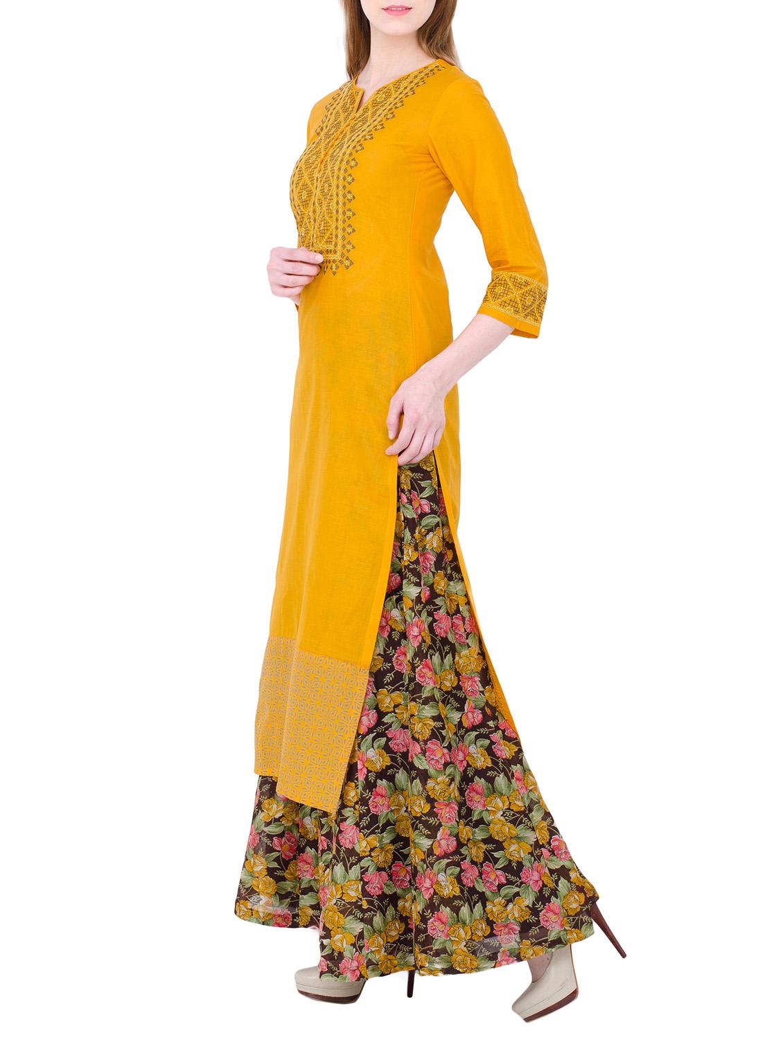 mustard cotton straight kurta - 14136143 - Zoom Image - 2