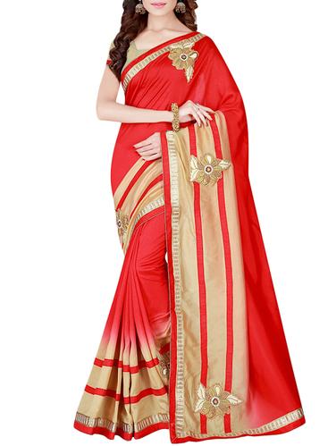 red polycotton embroidered saree with blouse - 14136391 - Very Small Image - 1