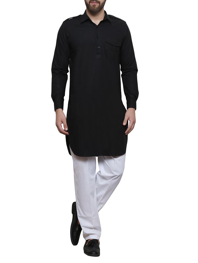 black cotton pathani kurta - 14139815 - Zoom Image - 1