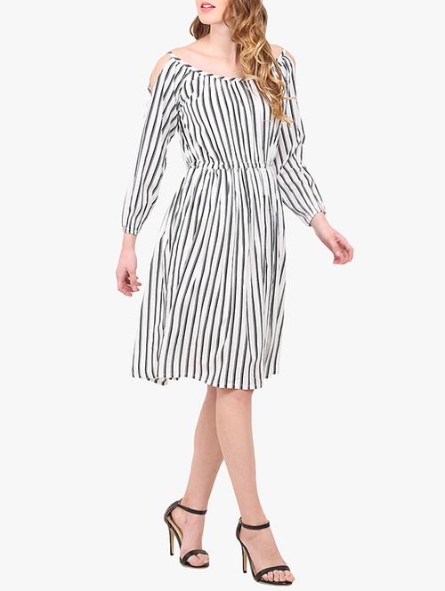 white striped crepe fit & flare dress - 14151989 - Standard Image - 1