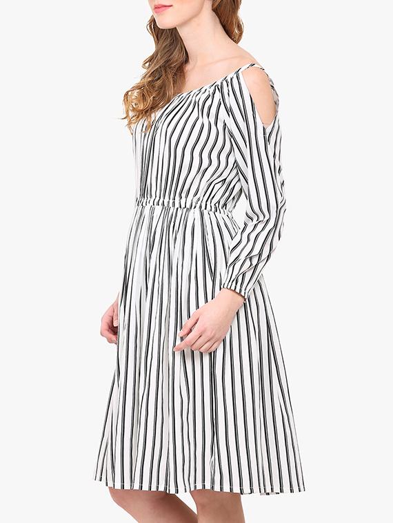 white striped crepe fit & flare dress - 14151989 - Zoom Image - 3