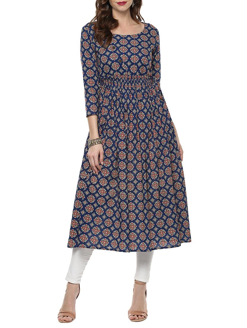 blue cotton flared kurta - 14153255 - Zoom Image - 1