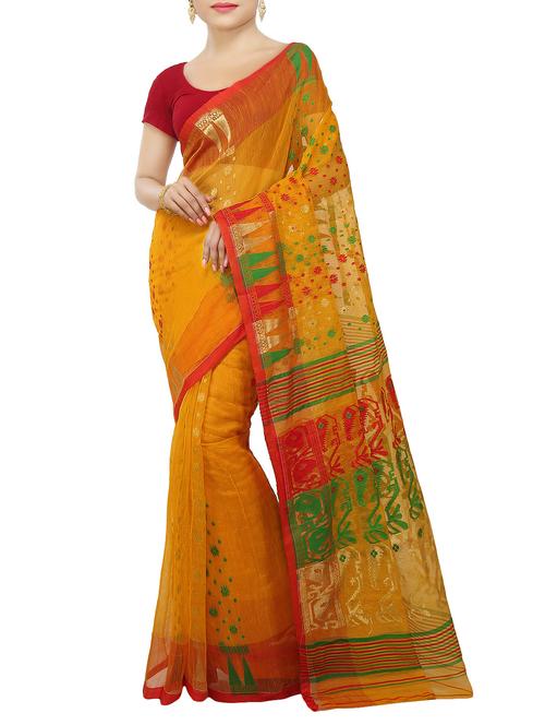 mustard cotton silk jamdani saree - 14168699 - Very Small Image - 1