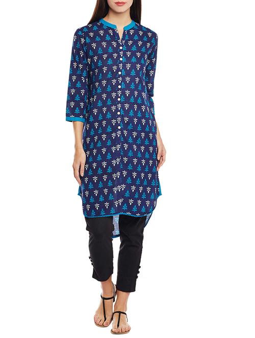 blue cotton highlow kurta - 14169486 - Very Small Image - 1