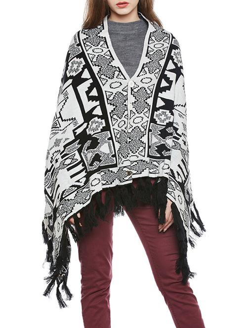 fringe hem printed woolen poncho - 14173127 - Standard Image - 1