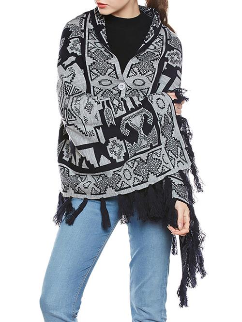 black printed woolen poncho - 14173128 - Very Small Image - 1