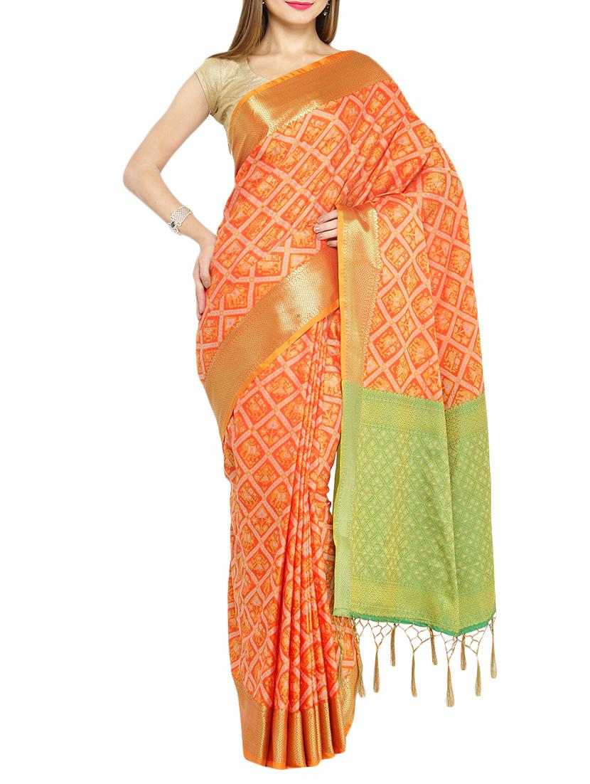 orange cotton silk patola saree with blouse - 14173684 - Zoom Image - 1