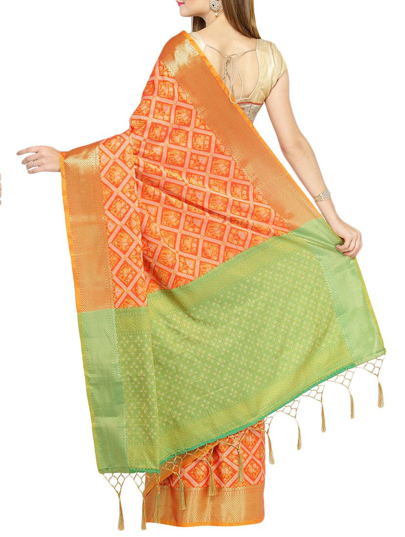 orange cotton silk patola saree with blouse - 14173684 - Zoom Image - 2