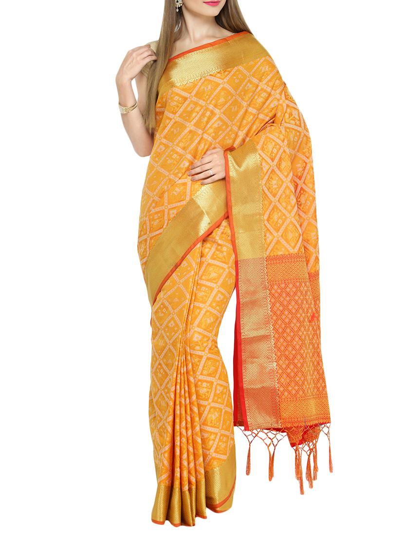 yellow cotton silk patola saree with blouse - 14173685 - Zoom Image - 1