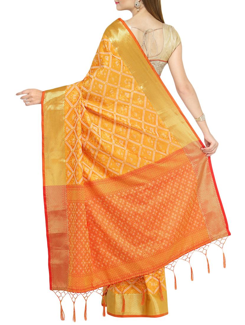 yellow cotton silk patola saree with blouse - 14173685 - Zoom Image - 2