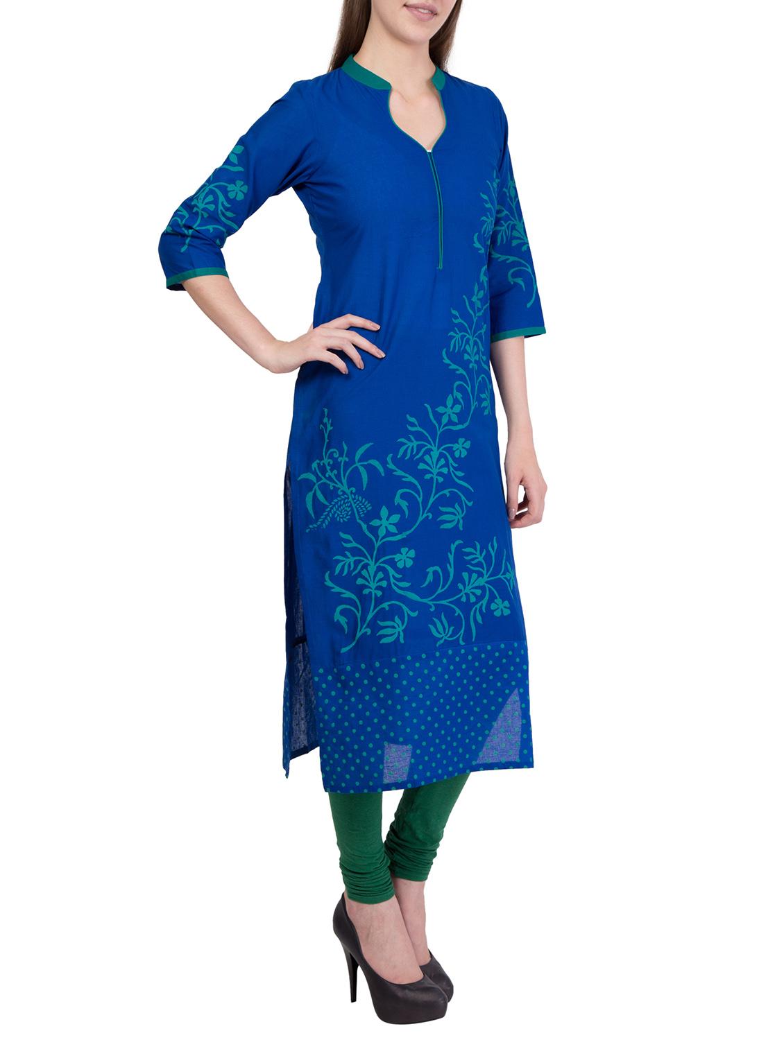 blue cotton straight kurta - 14178795 - Zoom Image - 2