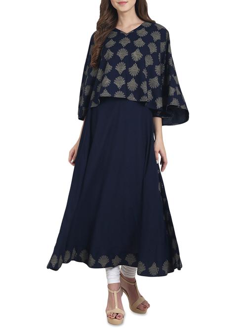 Layered block print kurta with cape - 14180081 - Very Small Image - 1