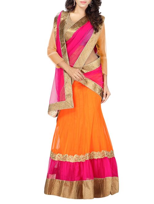 orange net panelled lehenga - 14181911 - Very Small Image - 1