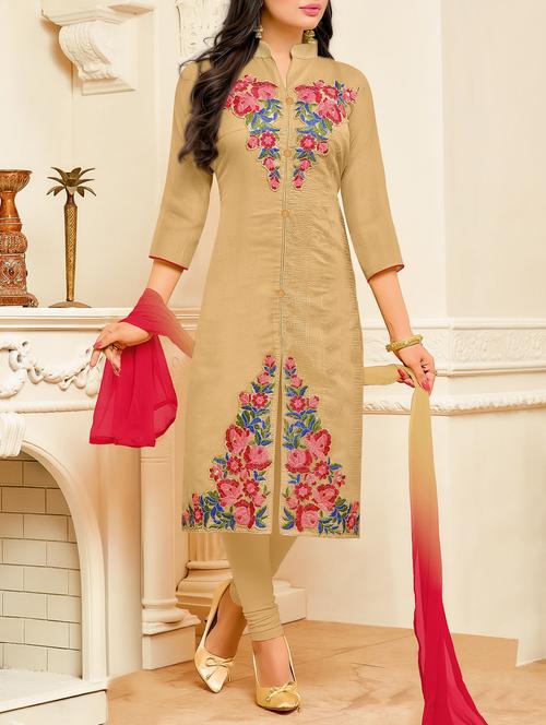 beige churidaar suits dress material - 14192834 - Very Small Image - 1
