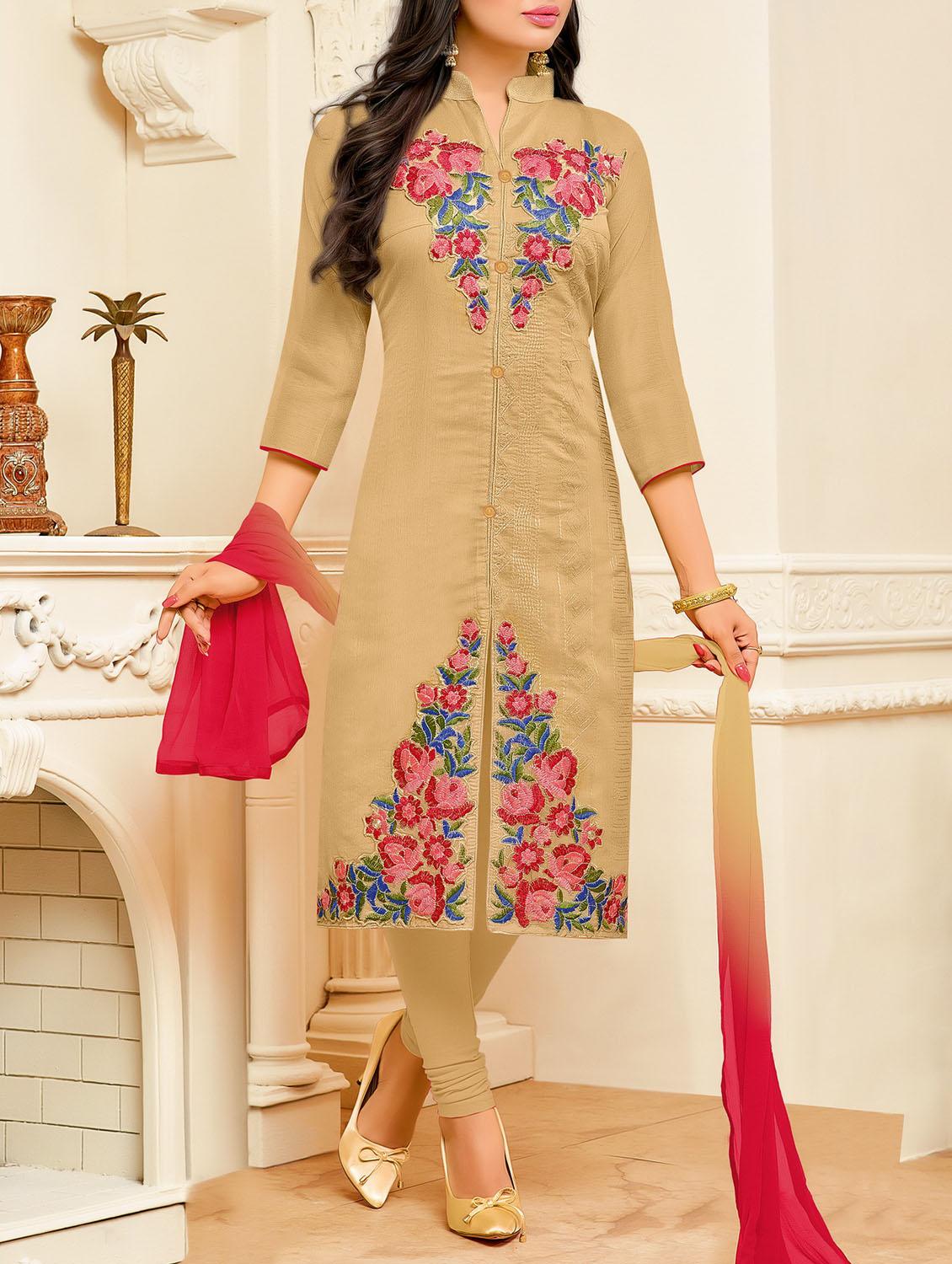 beige churidaar suits dress material - 14192834 - Zoom Image - 1