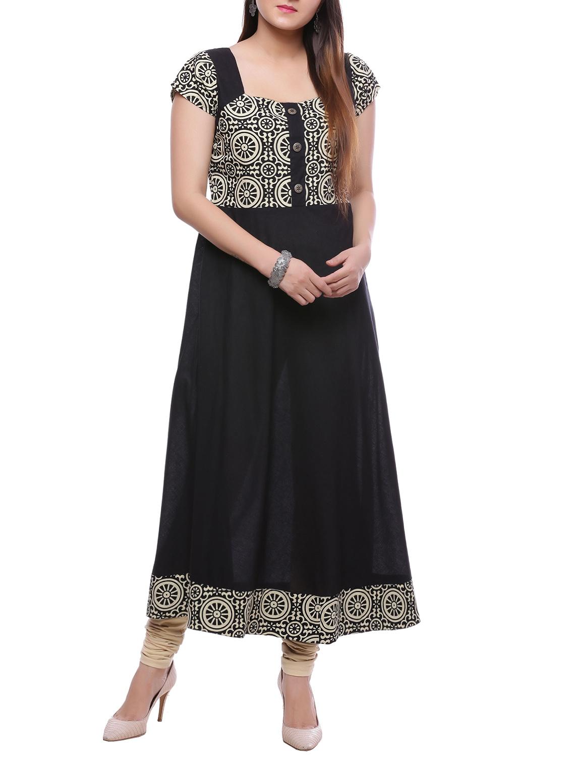 black cotton flared kurta - 14194132 - Zoom Image - 1