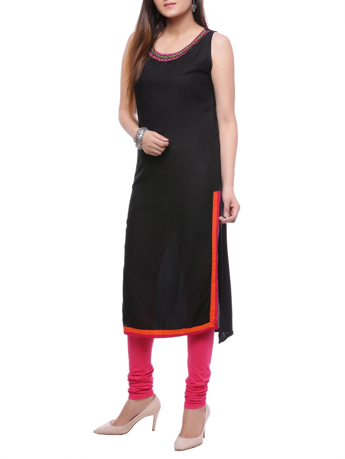 black viscose straight kurta - 14194154 - Zoom Image - 2