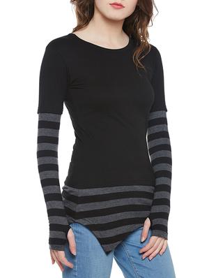 thumb hole sleeved striped asymmetric tee - 14195597 - Standard Image - 2