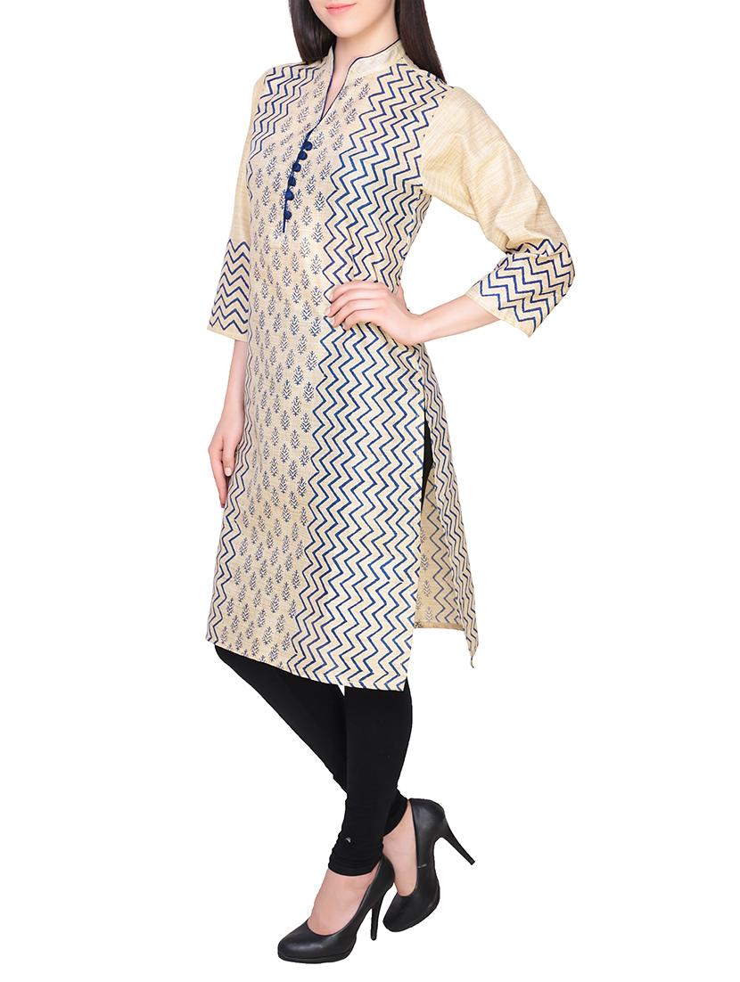 beige chanderi straight kurta - 14196256 - Zoom Image - 2