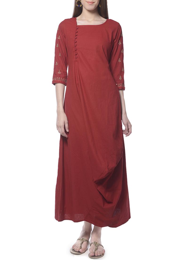 maroon cotton fusion kurta - 14197315 - Zoom Image - 1
