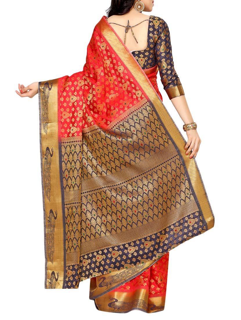 red tussar silk kanjivaram saree with blouse - 14198608 - Zoom Image - 2