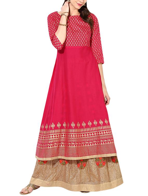 pink cotton flared kurta - 14204385 - Zoom Image - 1