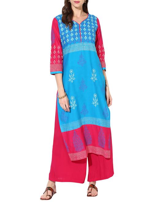 sky blue cotton straight kurta - 14204418 - Standard Image - 1