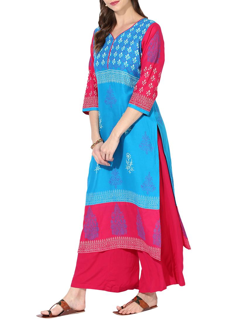 sky blue cotton straight kurta - 14204418 - Zoom Image - 2