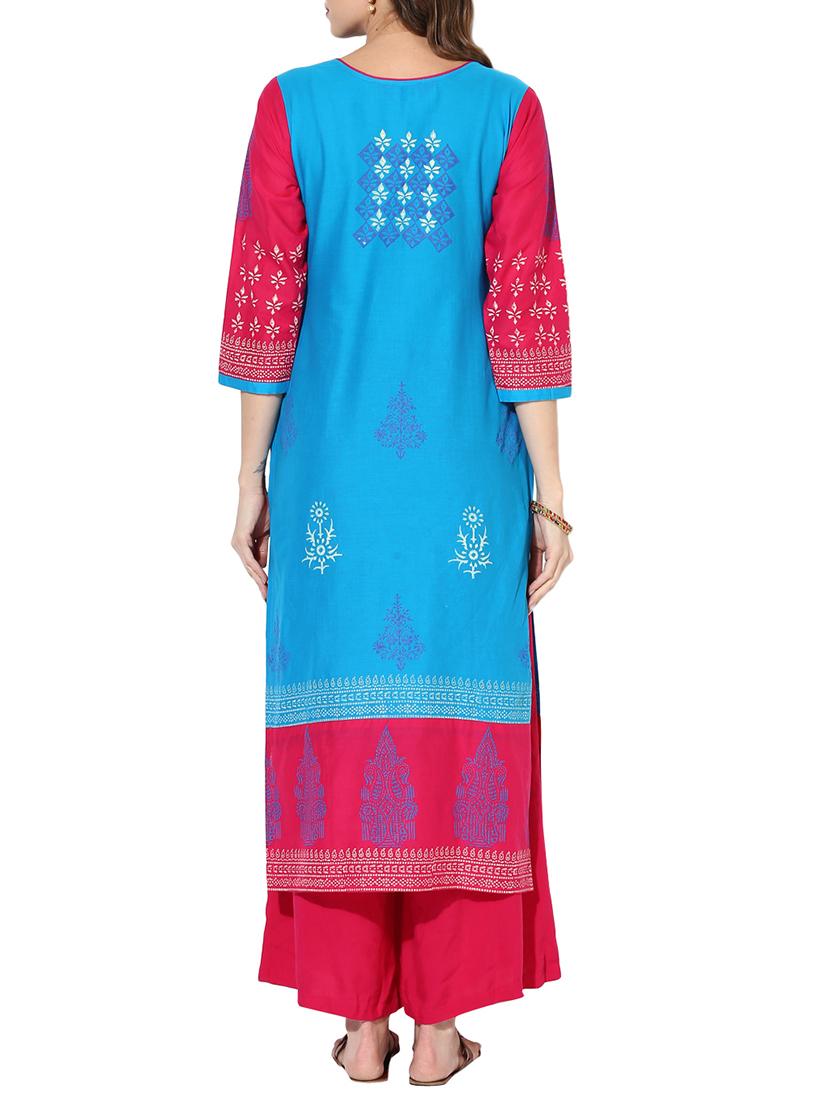 sky blue cotton straight kurta - 14204418 - Zoom Image - 3
