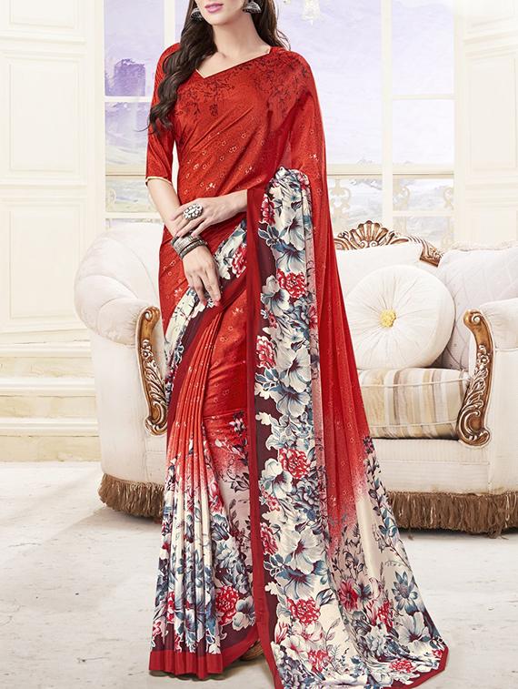 red printed georgette saree with blouse