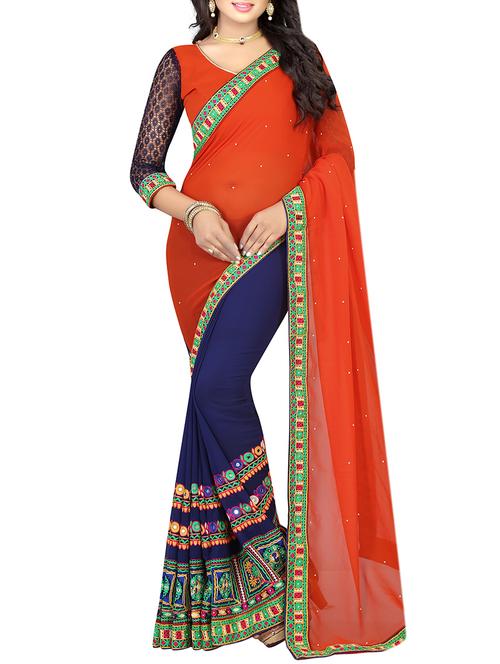 orange half and half georgette saree with blouse - 14211238 - Very Small Image - 1