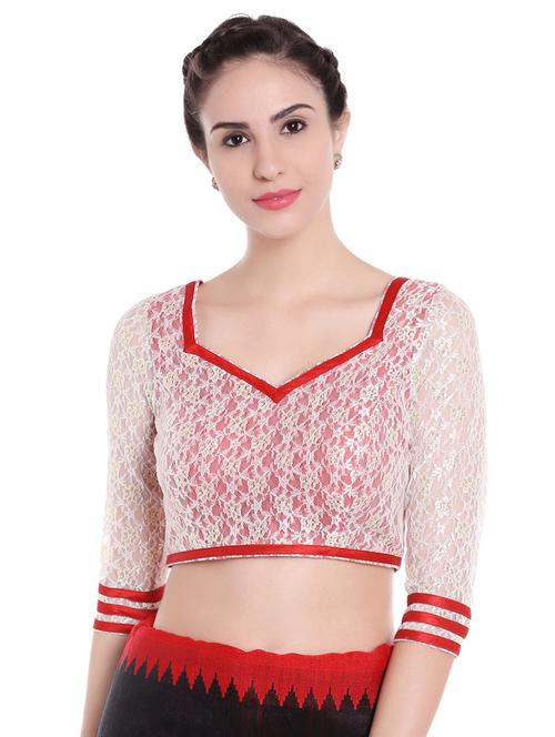 white & red raw silk woven stitched blouse - 14213965 - Very Small Image - 1