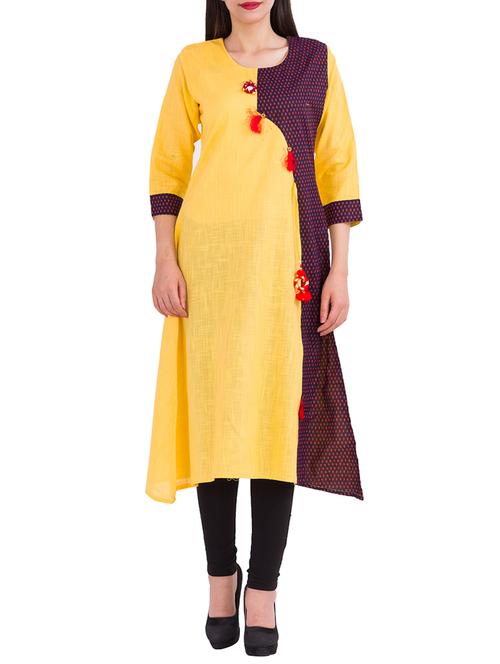 yellow cotton asymmetric kurta - 14215181 - Very Small Image - 1
