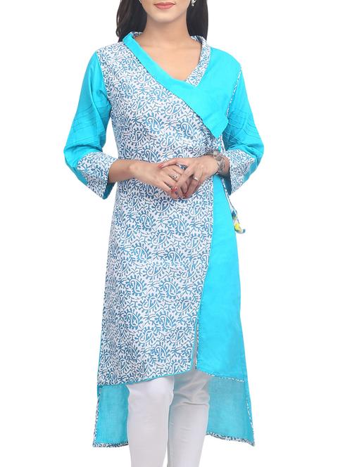 sky blue cotton high-low kurta - 14225873 - Very Small Image - 1