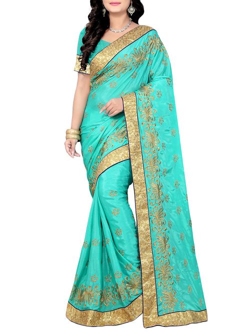 turquoise silk blend embroidered saree with blouse - 14228763 - Standard Image - 1