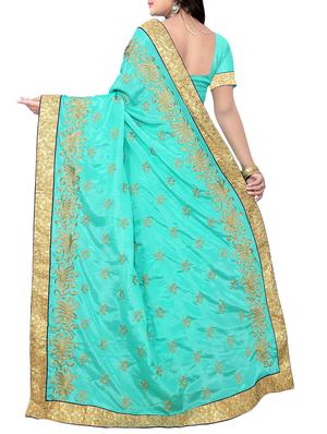 turquoise silk blend embroidered saree with blouse - 14228763 - Standard Image - 2