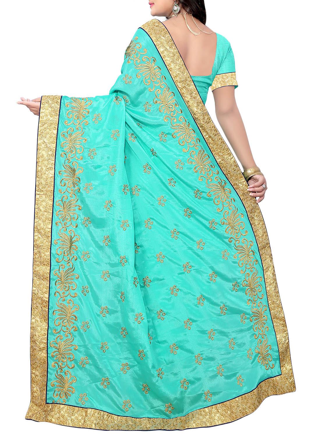 turquoise silk blend embroidered saree with blouse - 14228763 - Zoom Image - 2