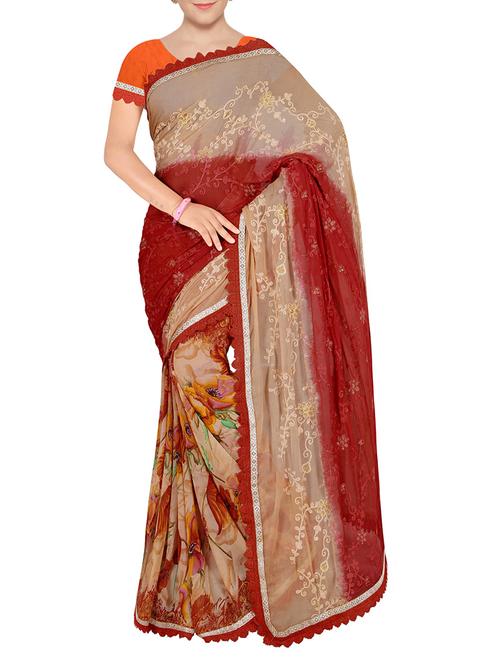 red chiffon embroidered saree with blouse - 14234833 - Standard Image - 1