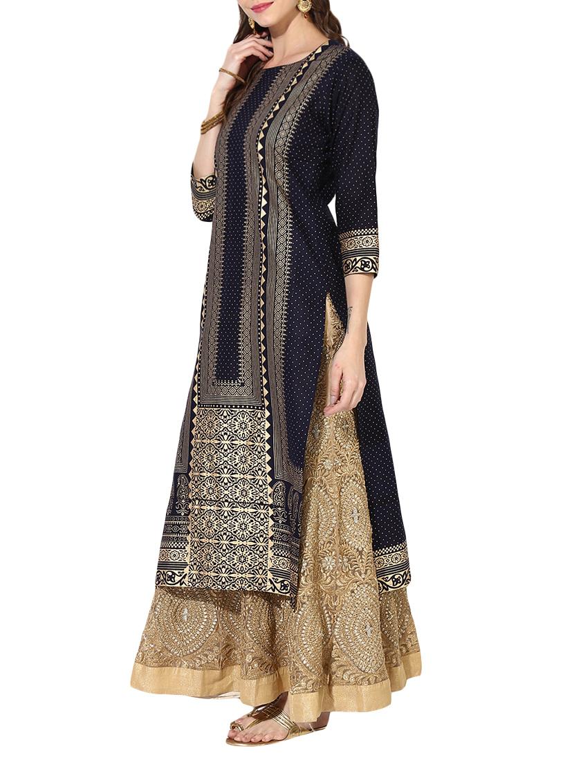 blue cotton printed straight kurta - 14236311 - Zoom Image - 2