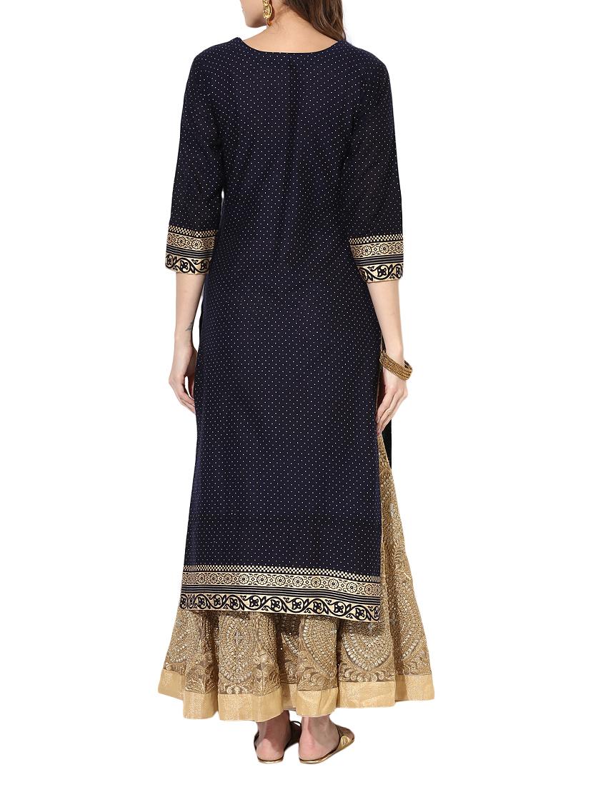 blue cotton printed straight kurta - 14236311 - Zoom Image - 3