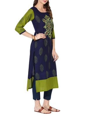 blue cotton straight kurta - 14236319 - Standard Image - 2