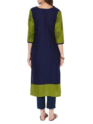 blue cotton straight kurta - 14236319 - Standard Image - 3