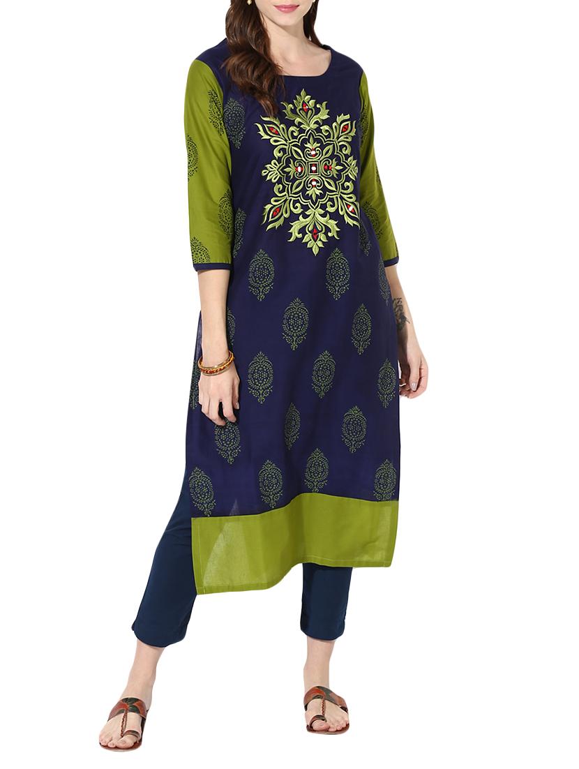 blue cotton straight kurta - 14236319 - Zoom Image - 1