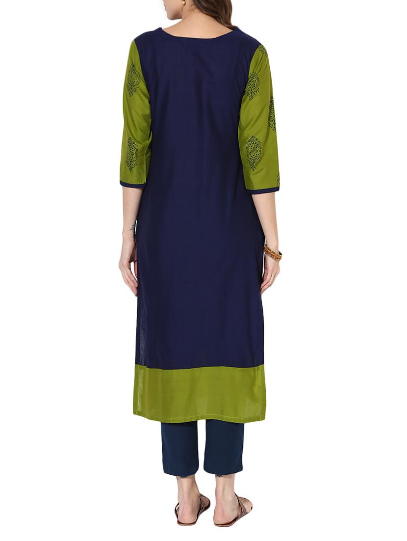blue cotton straight kurta - 14236319 - Zoom Image - 3