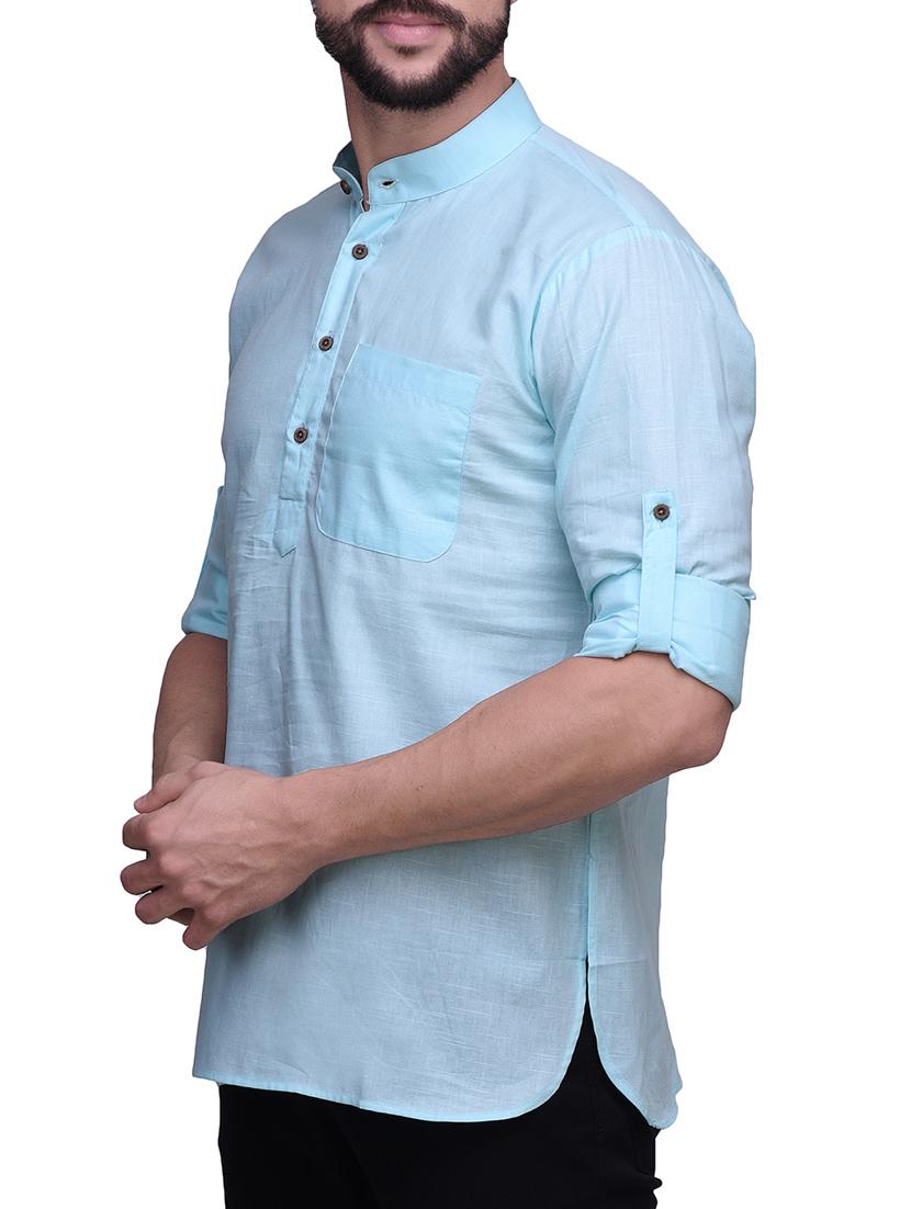 blue linen short kurta - 14236764 - Zoom Image - 2