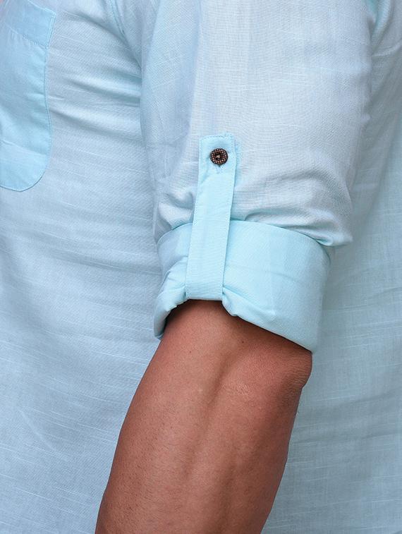 blue linen short kurta - 14236764 - Zoom Image - 4