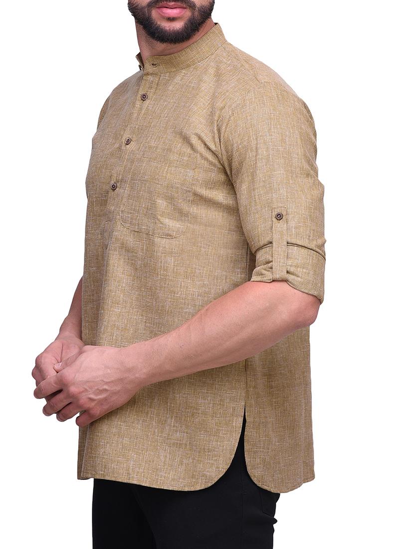 brown linen short kurta - 14236767 - Zoom Image - 2
